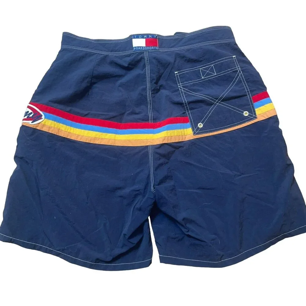 Vtg Tommy Hilfiger Men's L Board Shorts Swim Trunks Navy w. Stripe